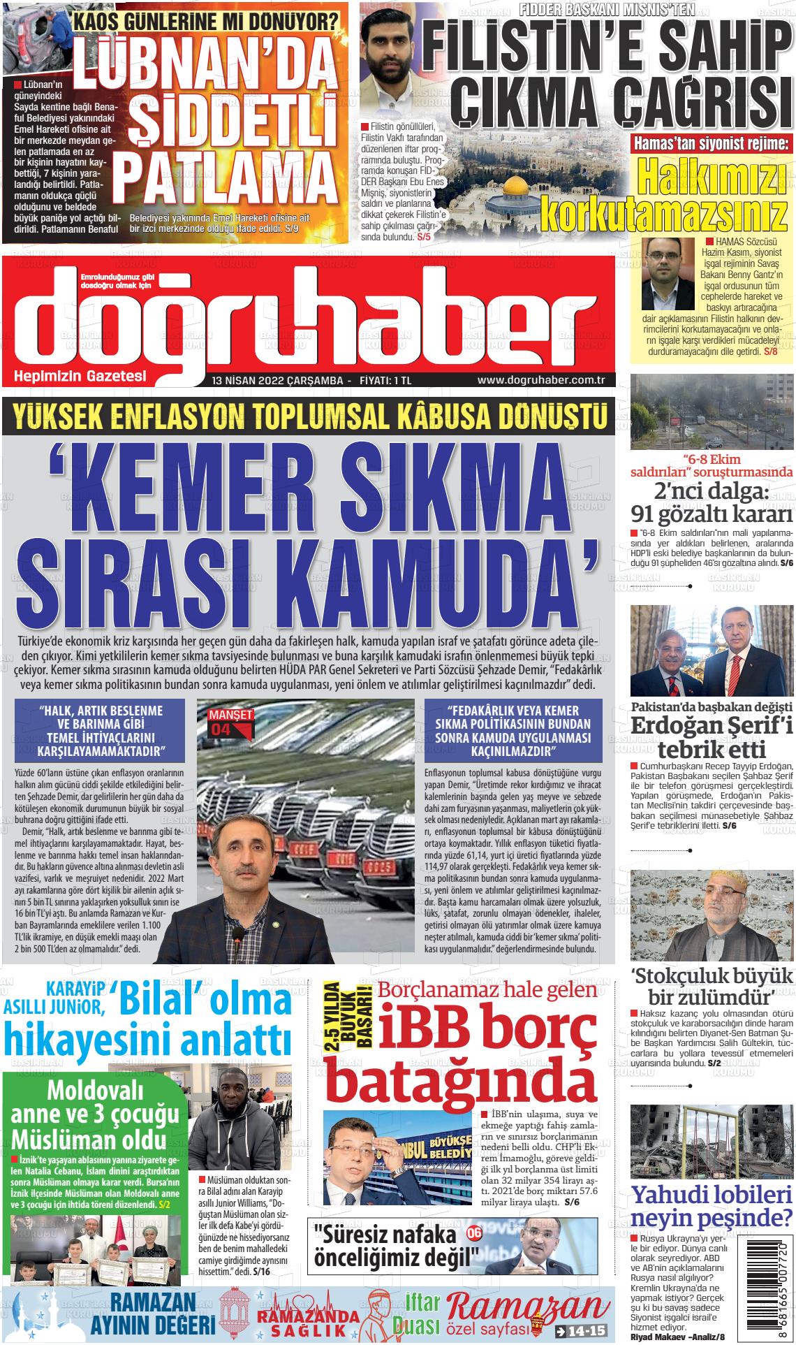 13 Nisan 2022 Doğru Haber Gazete Manşeti