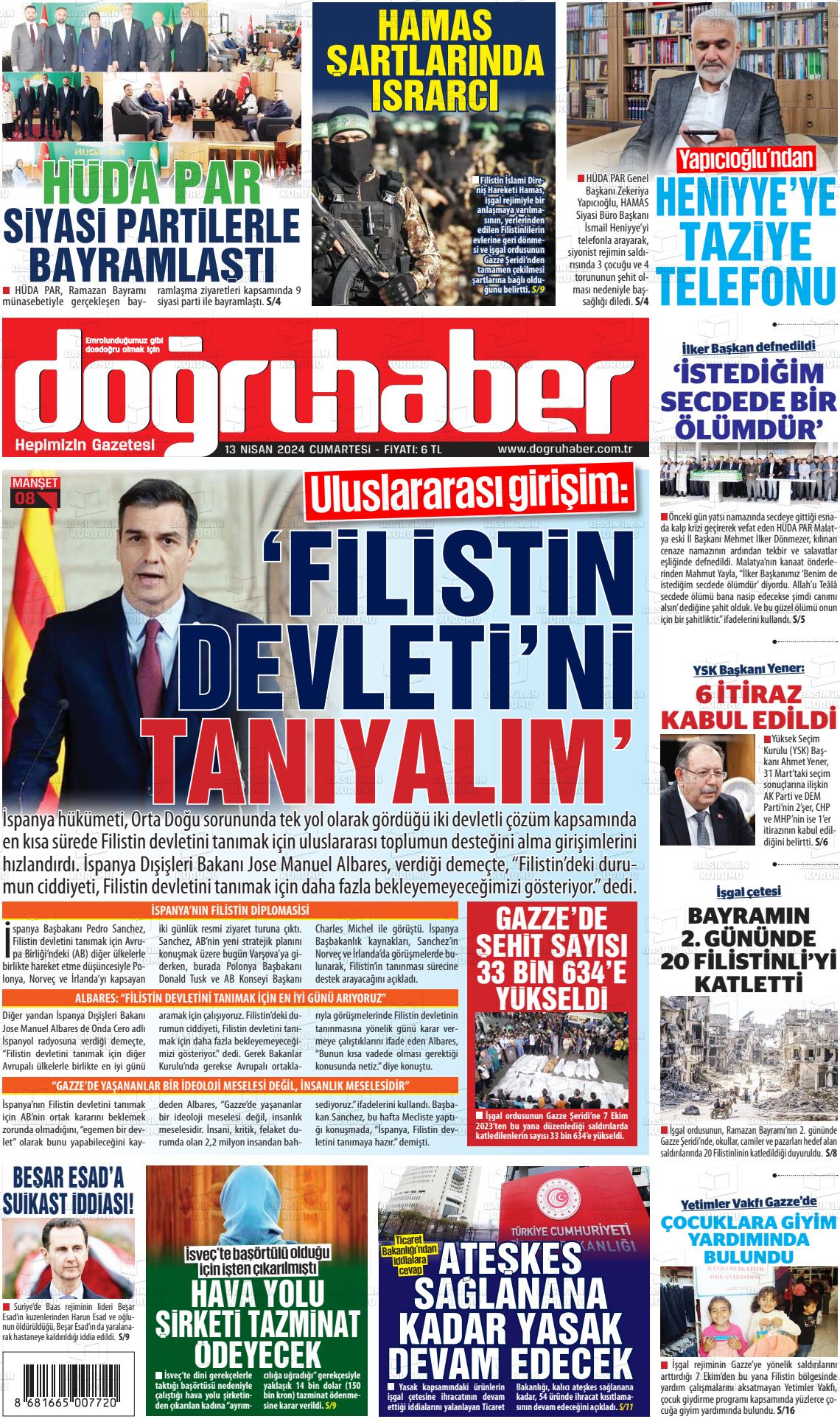 13 Nisan 2024 Doğru Haber Gazete Manşeti