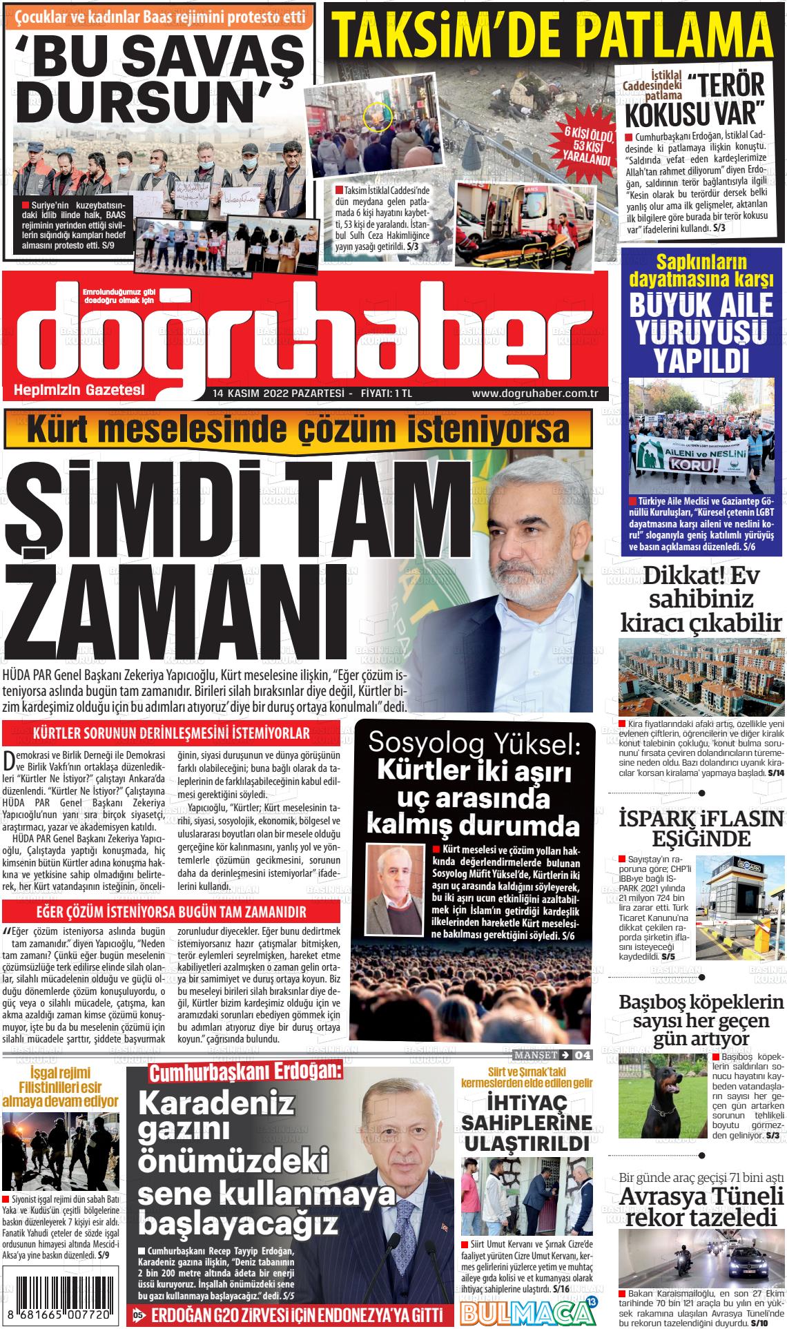 14 Kasım 2022 Doğru Haber Gazete Manşeti