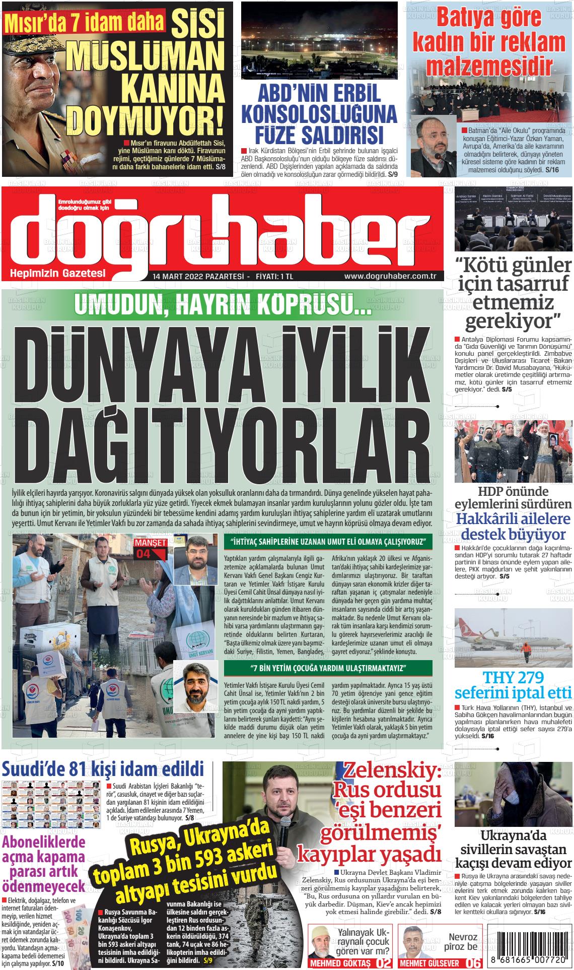 14 Mart 2022 Doğru Haber Gazete Manşeti