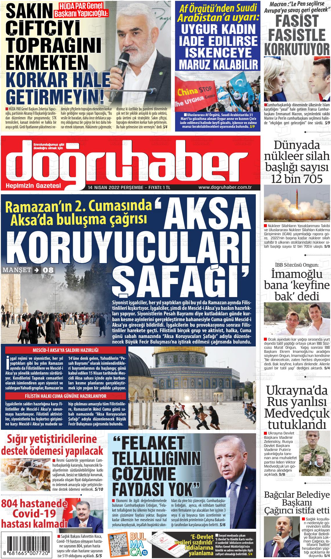 14 Nisan 2022 Doğru Haber Gazete Manşeti