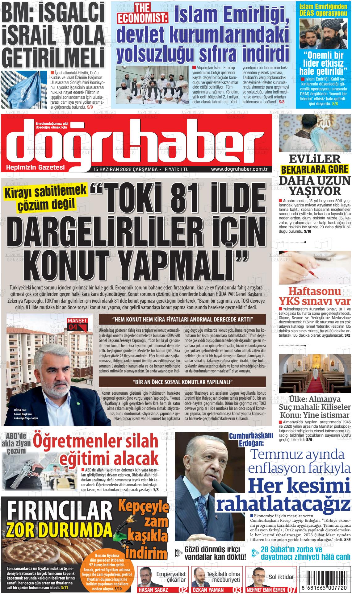 15 Haziran 2022 Doğru Haber Gazete Manşeti