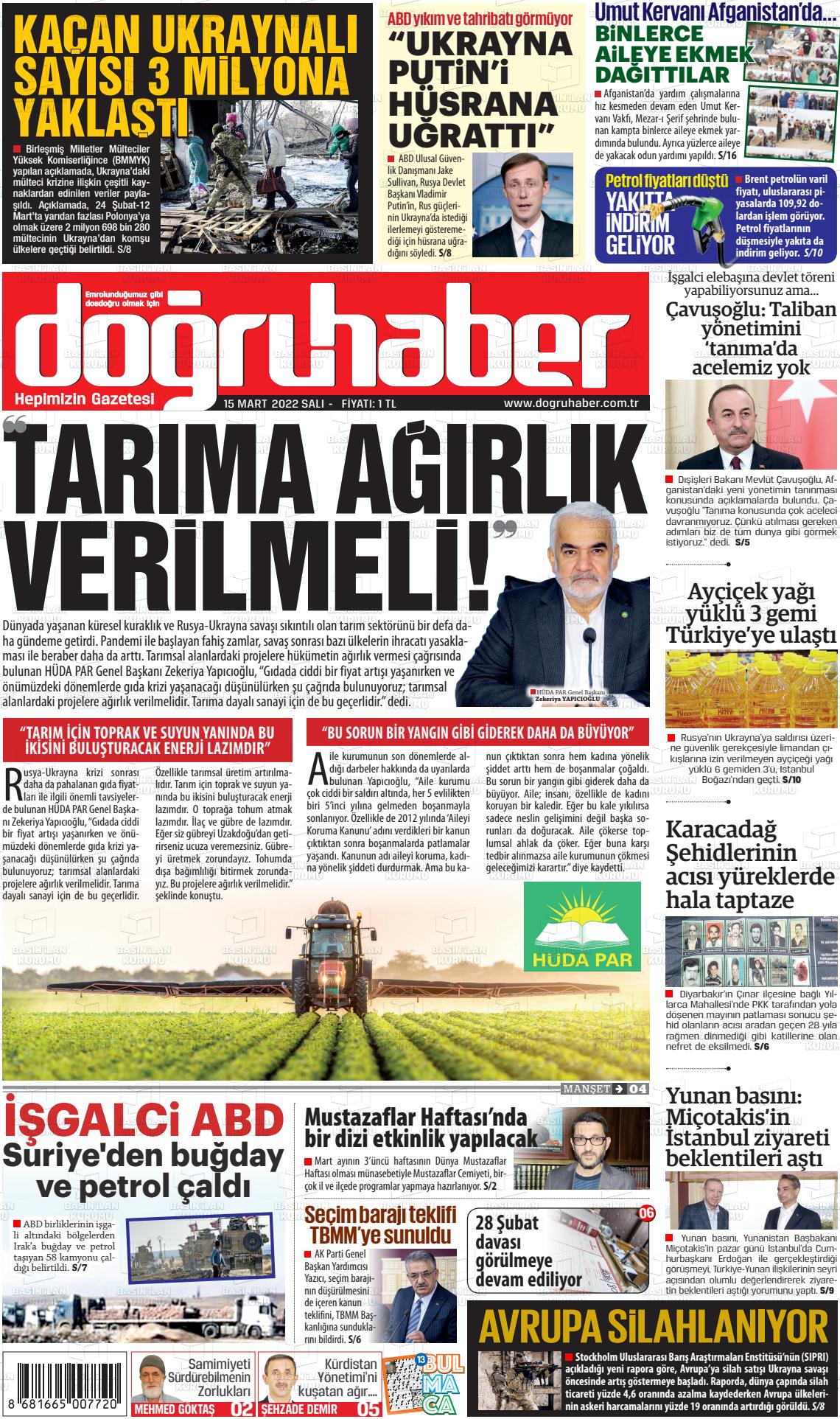 15 Mart 2022 Doğru Haber Gazete Manşeti