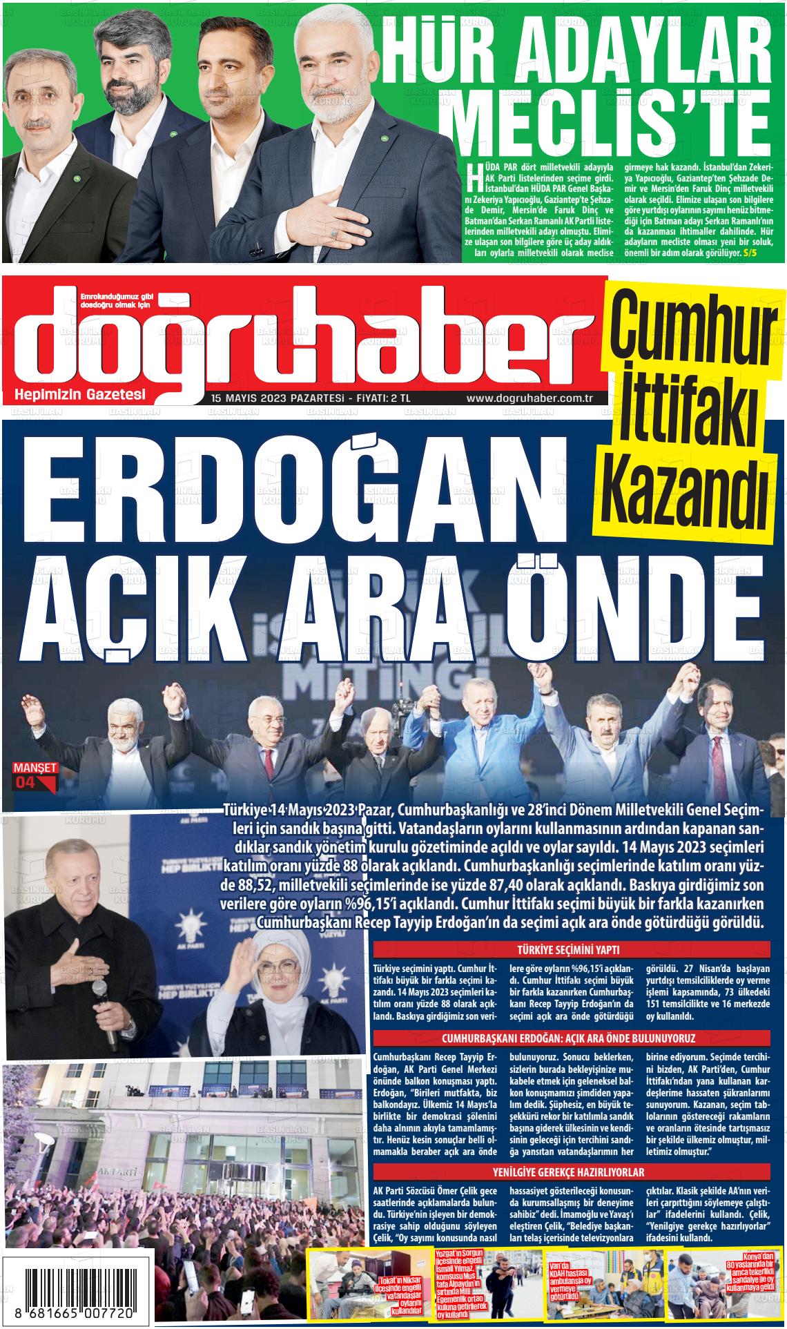 15 Mayıs 2023 Doğru Haber Gazete Manşeti