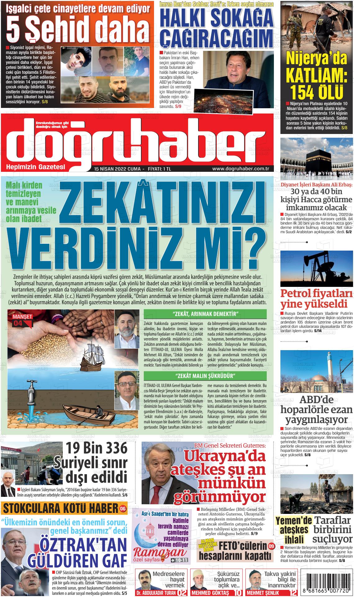 15 Nisan 2022 Doğru Haber Gazete Manşeti