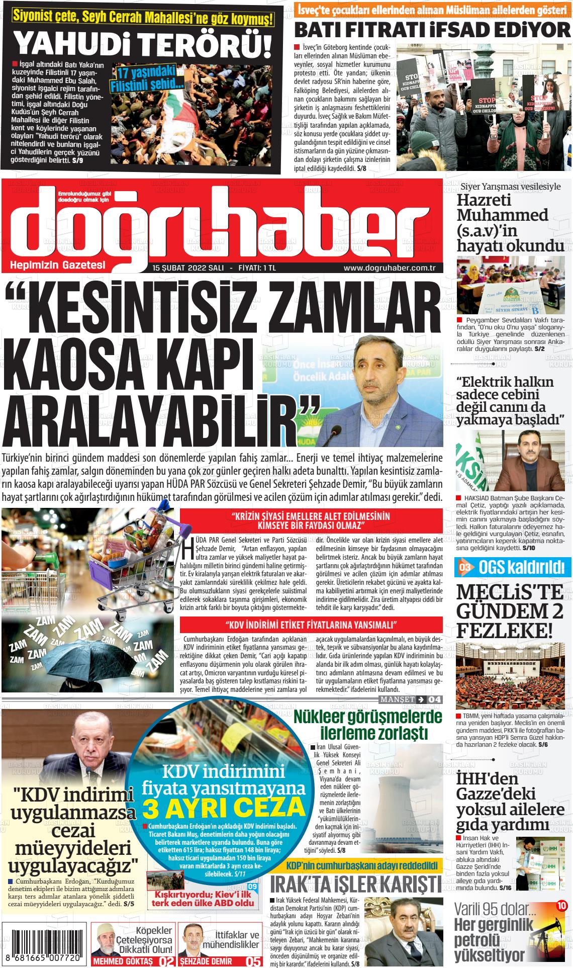 15 Şubat 2022 Doğru Haber Gazete Manşeti