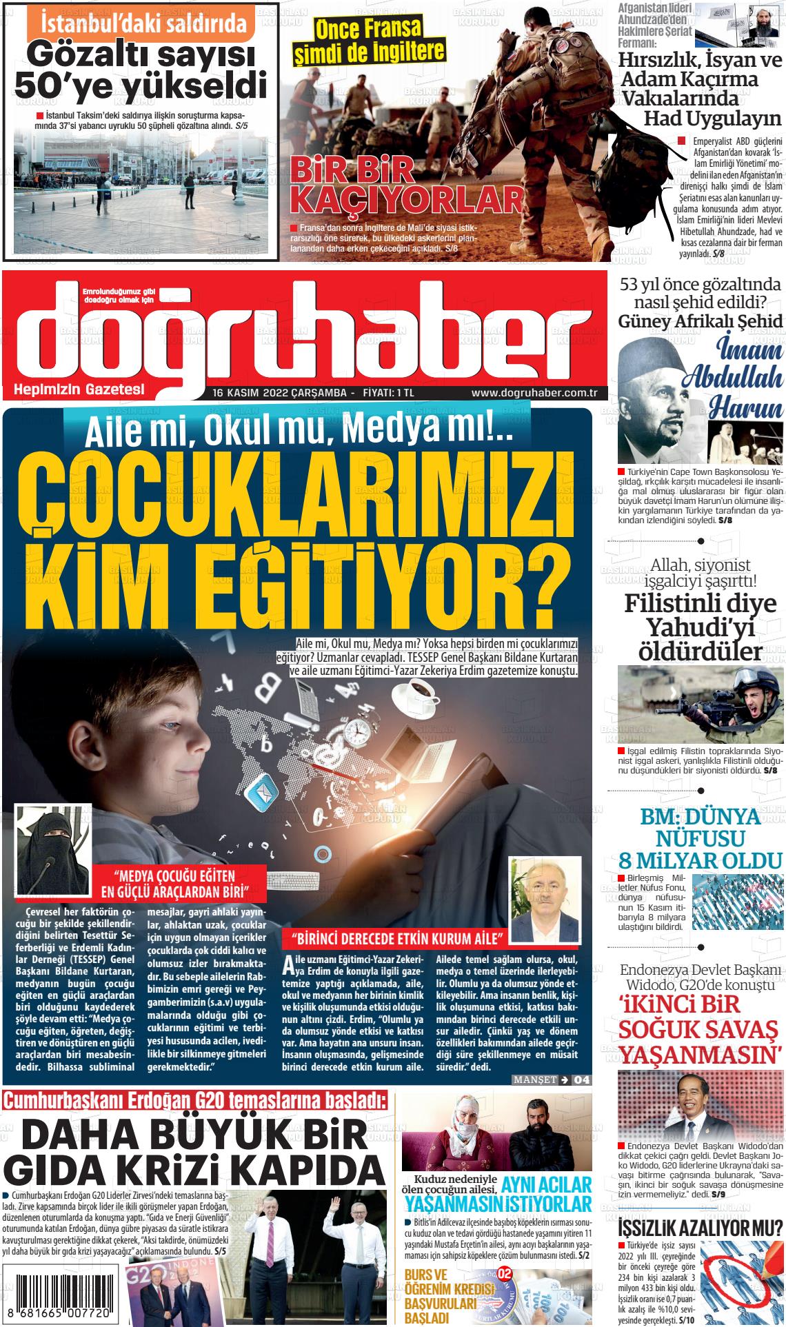 16 Kasım 2022 Doğru Haber Gazete Manşeti