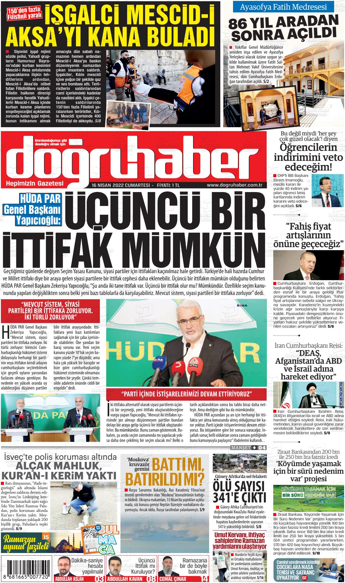 16 Nisan 2022 Doğru Haber Gazete Manşeti