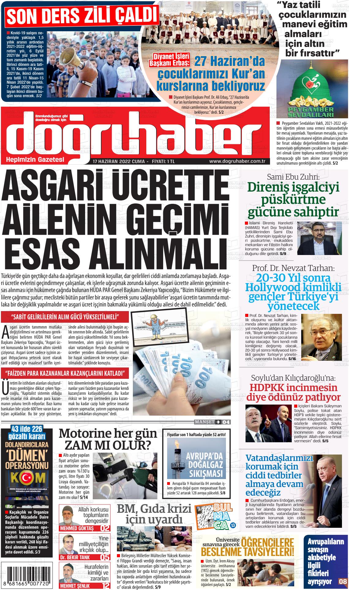 17 Haziran 2022 Doğru Haber Gazete Manşeti