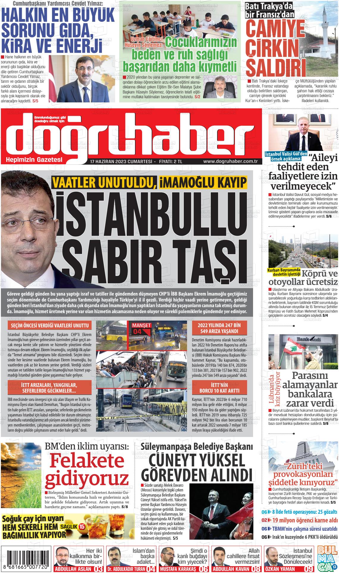 17 Haziran 2023 Doğru Haber Gazete Manşeti