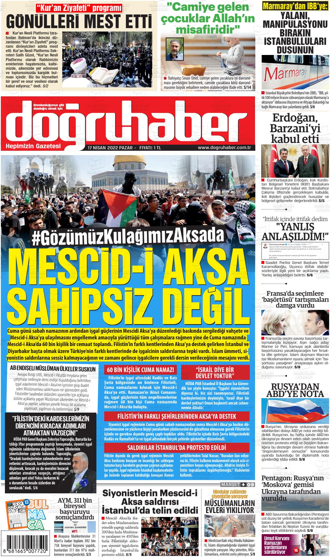 17 Nisan 2022 Doğru Haber Gazete Manşeti