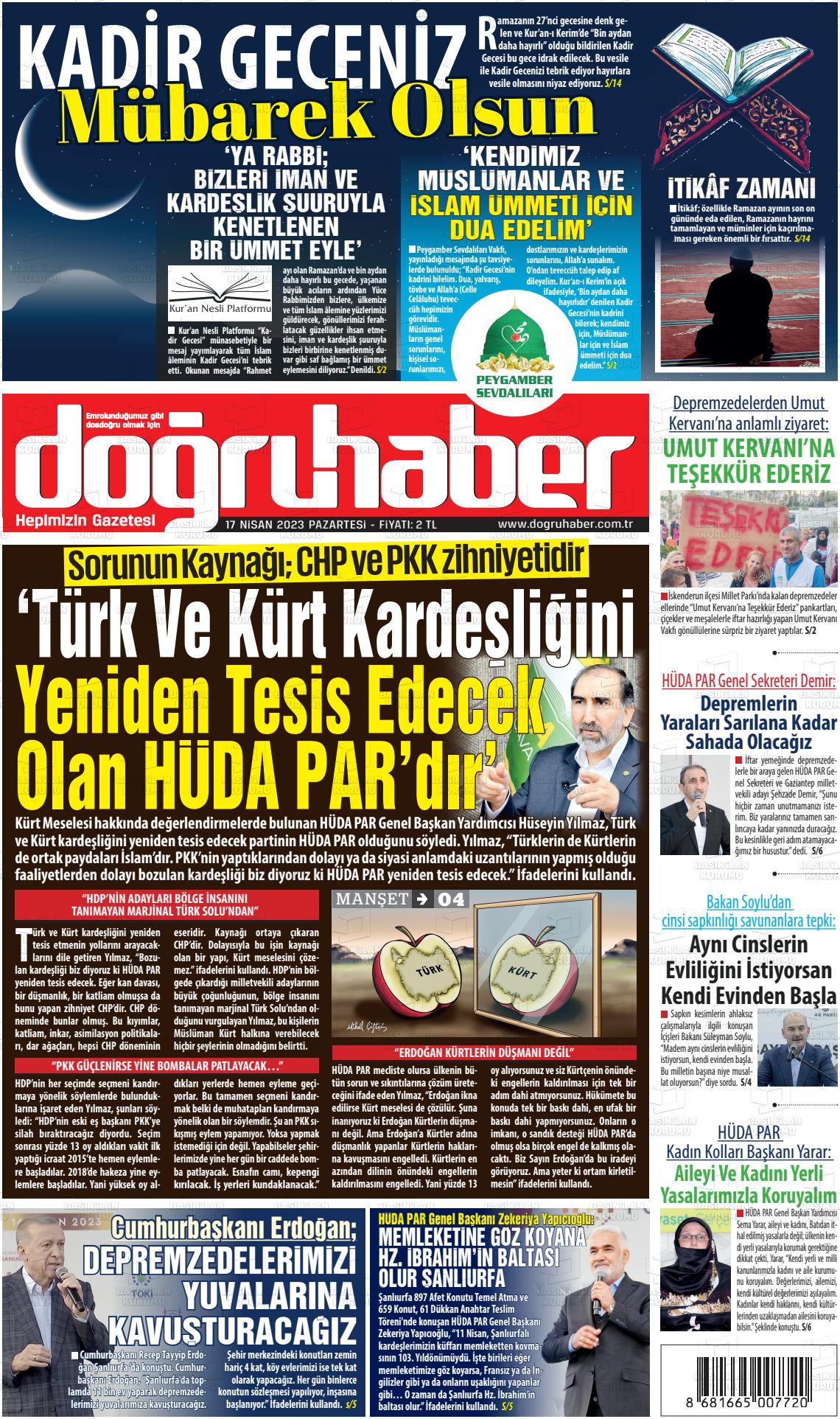 17 Nisan 2023 Doğru Haber Gazete Manşeti