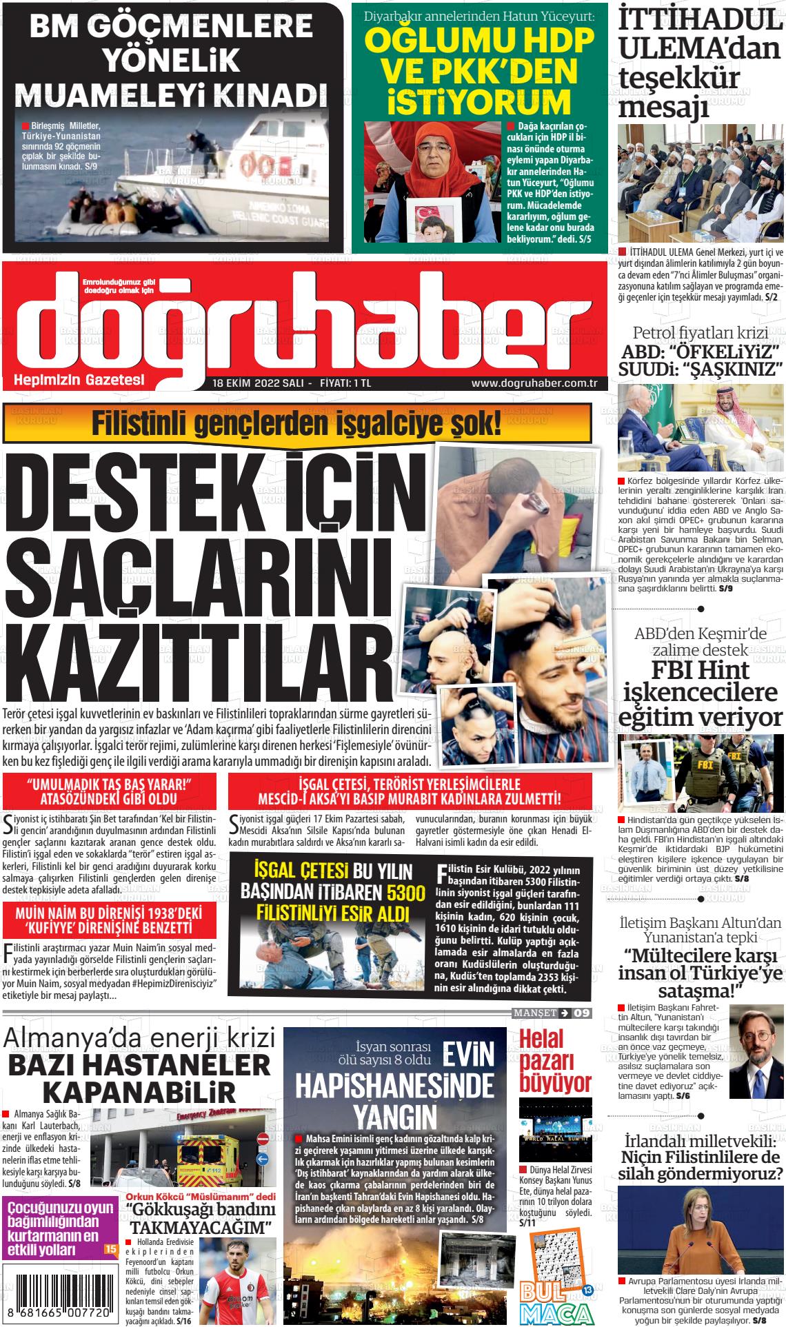 18 Ekim 2022 Doğru Haber Gazete Manşeti