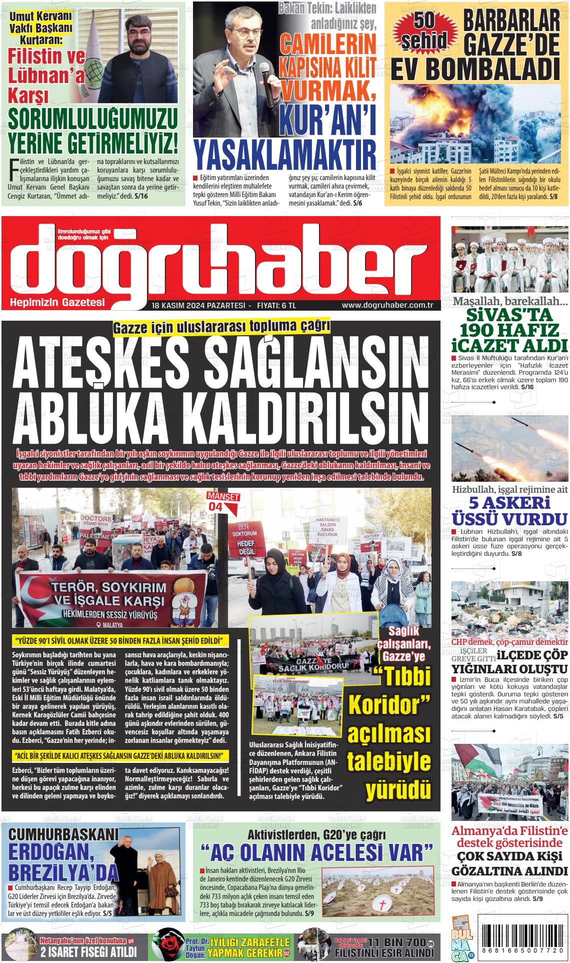 18 Kasım 2024 Doğru Haber Gazete Manşeti