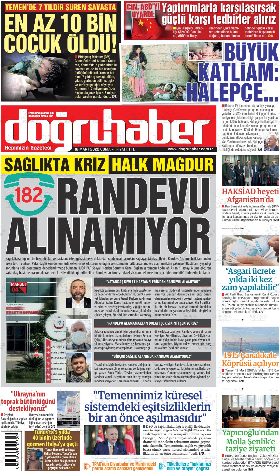 18 Mart 2022 Doğru Haber Gazete Manşeti