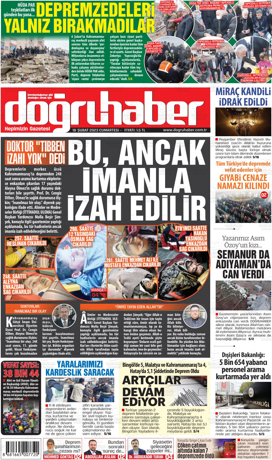 18 Şubat 2023 Doğru Haber Gazete Manşeti