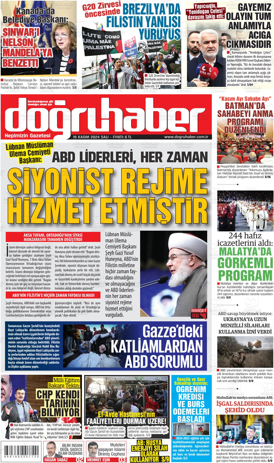 19 Kasım 2024 Doğru Haber Gazete Manşeti