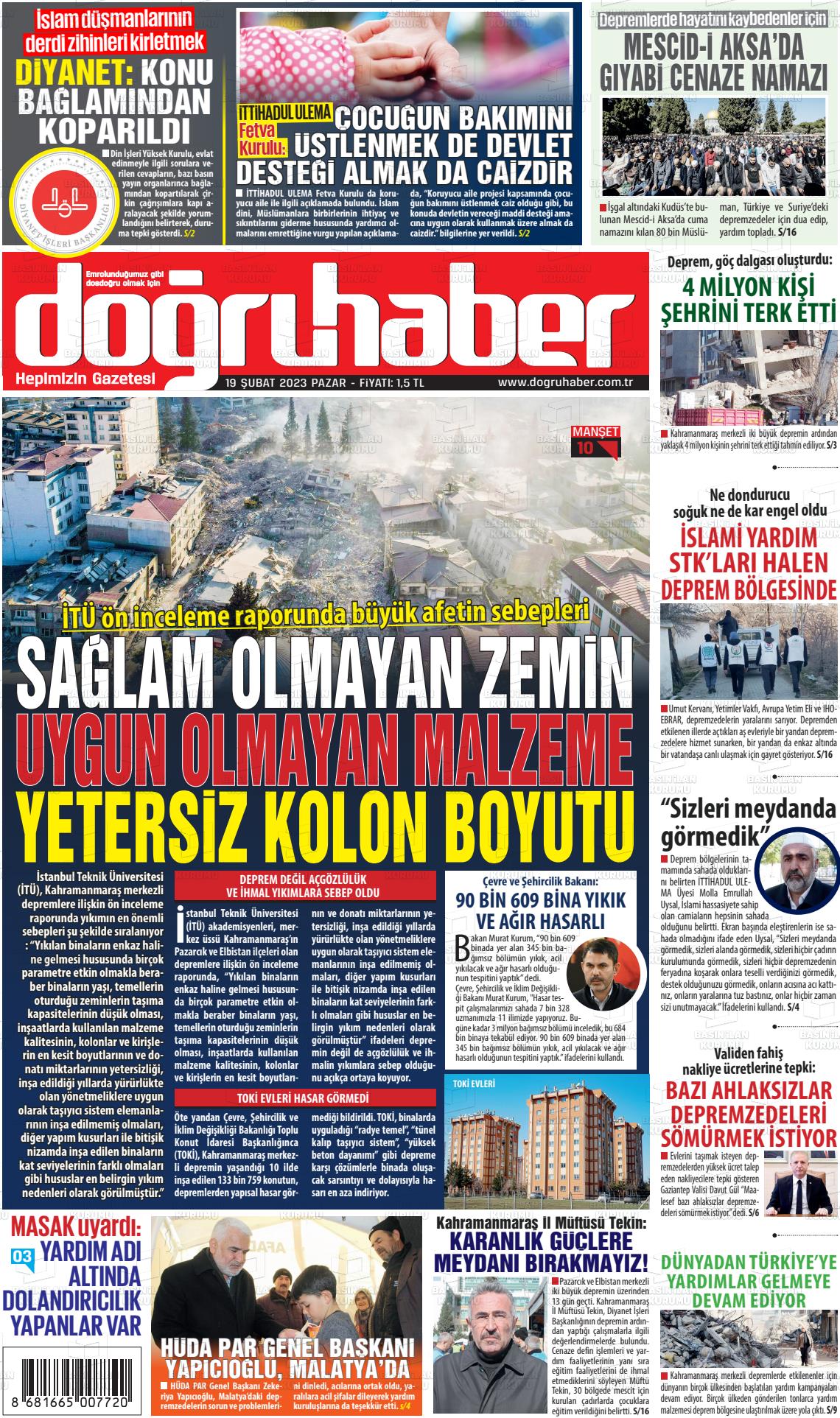 19 Şubat 2023 Doğru Haber Gazete Manşeti