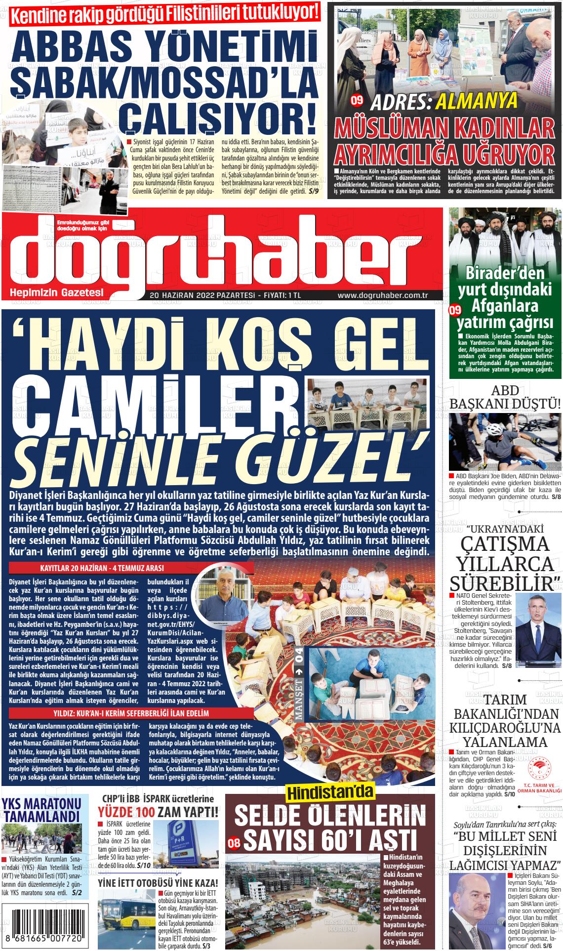 20 Haziran 2022 Doğru Haber Gazete Manşeti