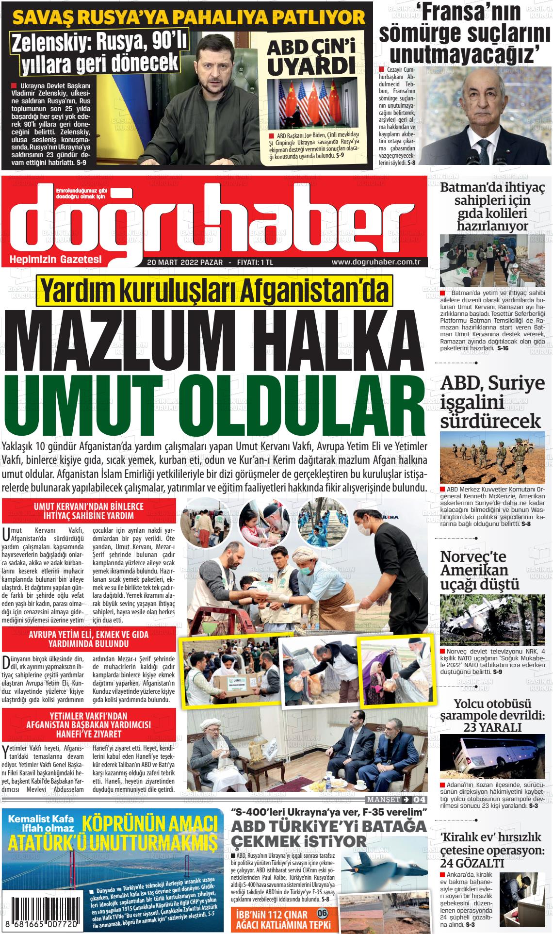 20 Mart 2022 Doğru Haber Gazete Manşeti