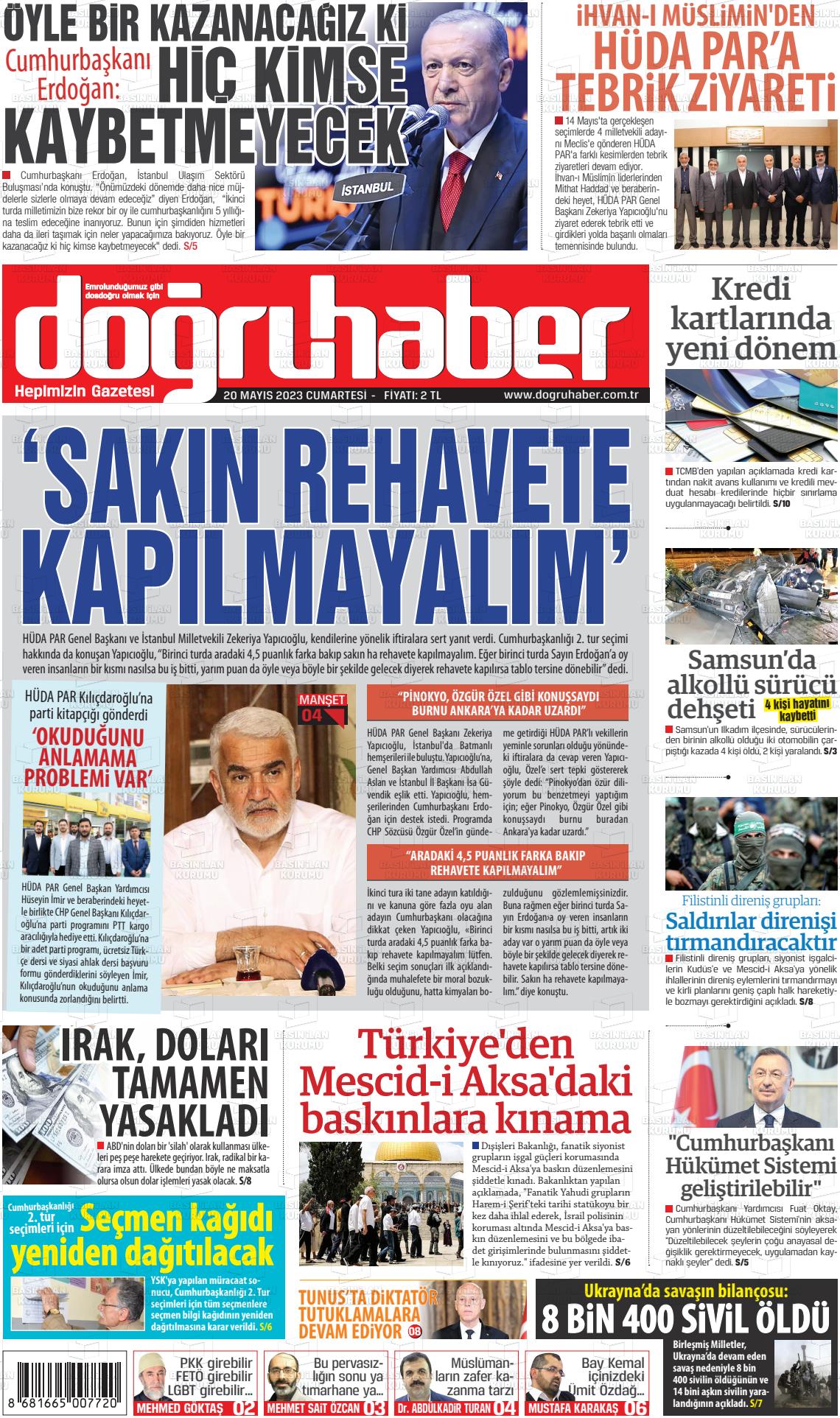 20 Mayıs 2023 Doğru Haber Gazete Manşeti