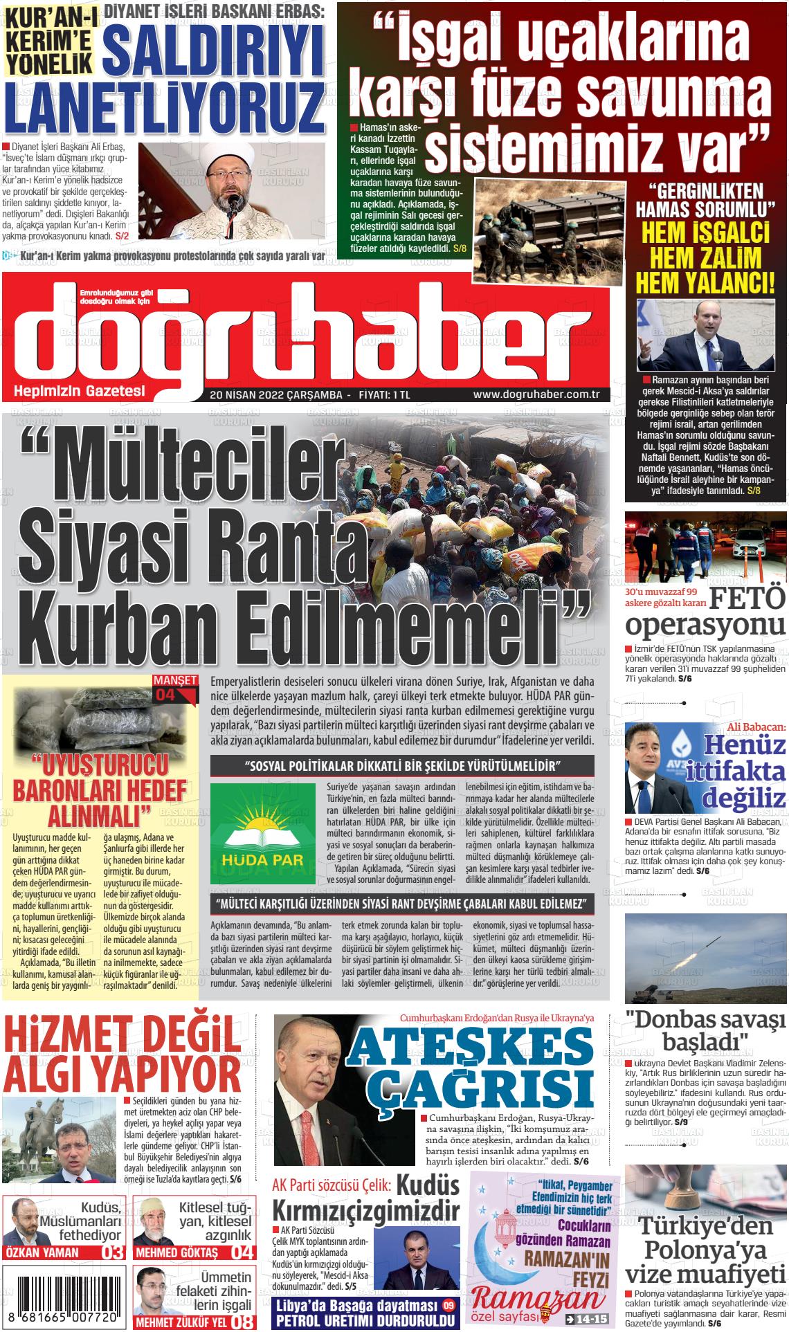 20 Nisan 2022 Doğru Haber Gazete Manşeti