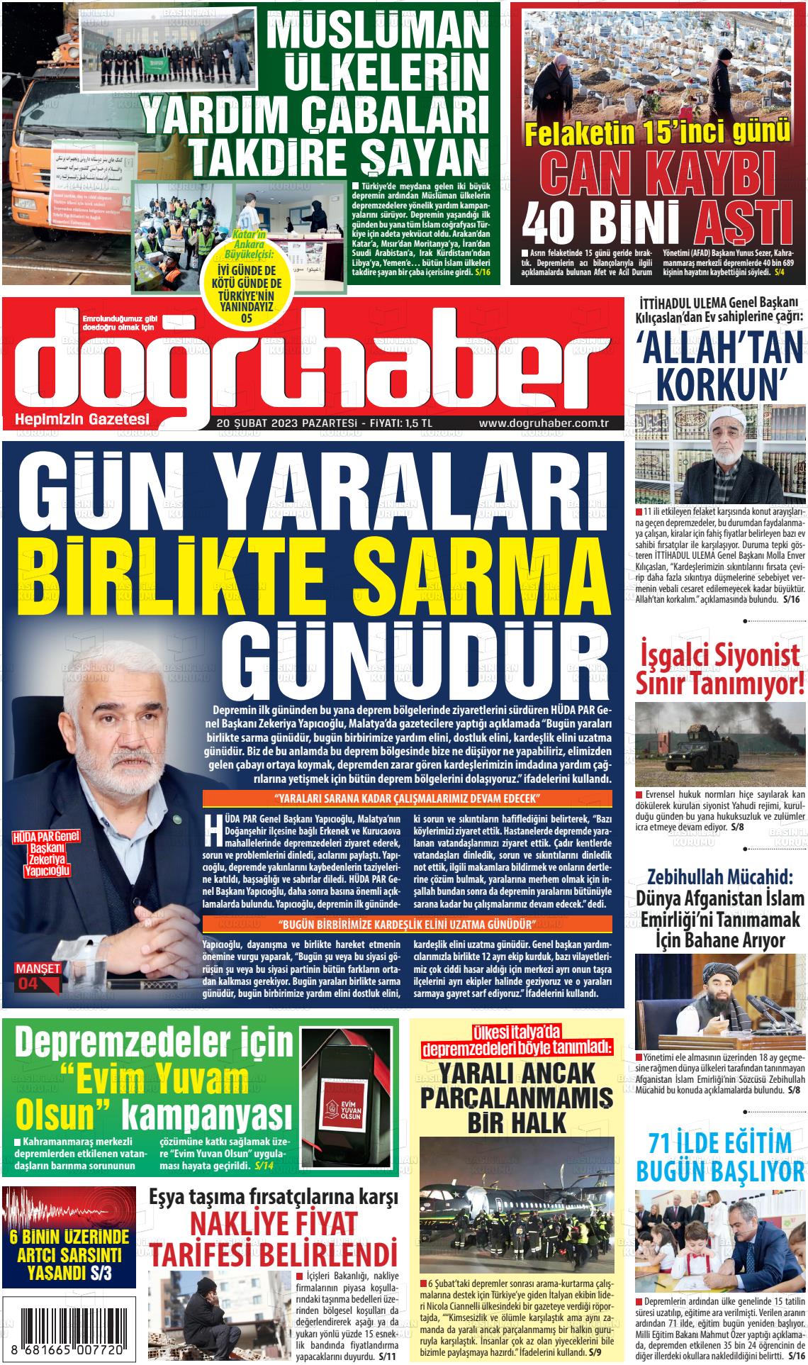 20 Şubat 2023 Doğru Haber Gazete Manşeti