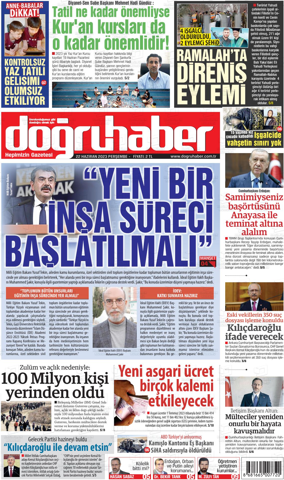 22 Haziran 2023 Doğru Haber Gazete Manşeti