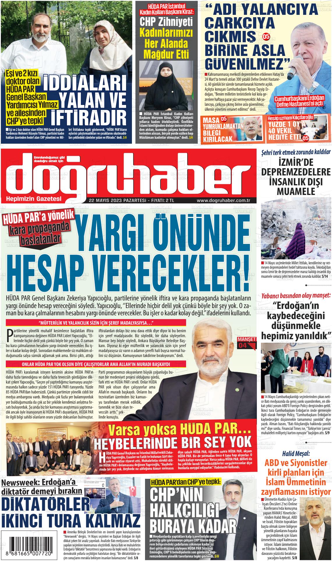 22 Mayıs 2023 Doğru Haber Gazete Manşeti