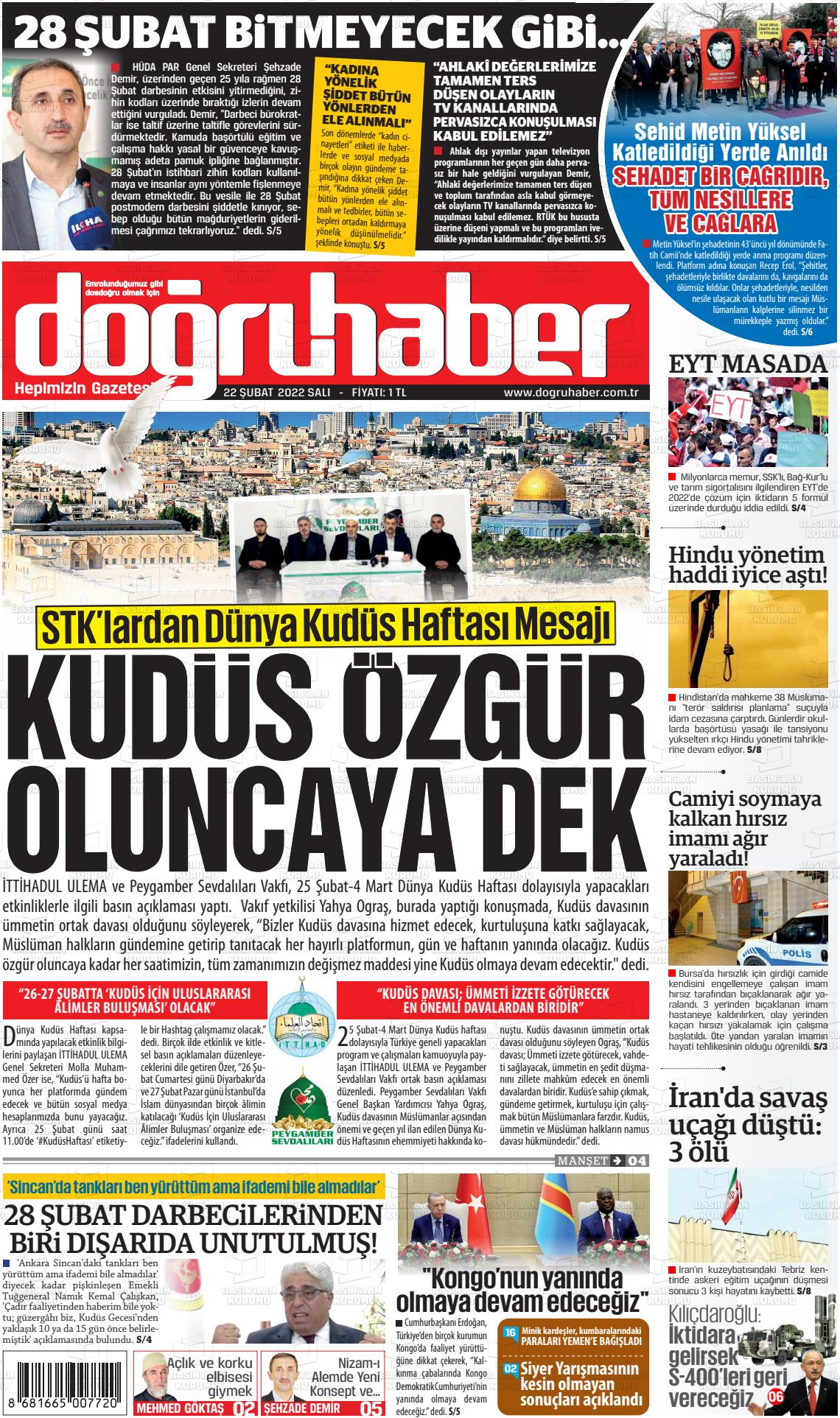 22 Şubat 2022 Doğru Haber Gazete Manşeti