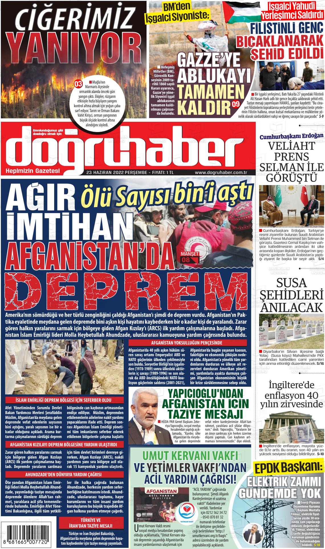 23 Haziran 2022 Doğru Haber Gazete Manşeti