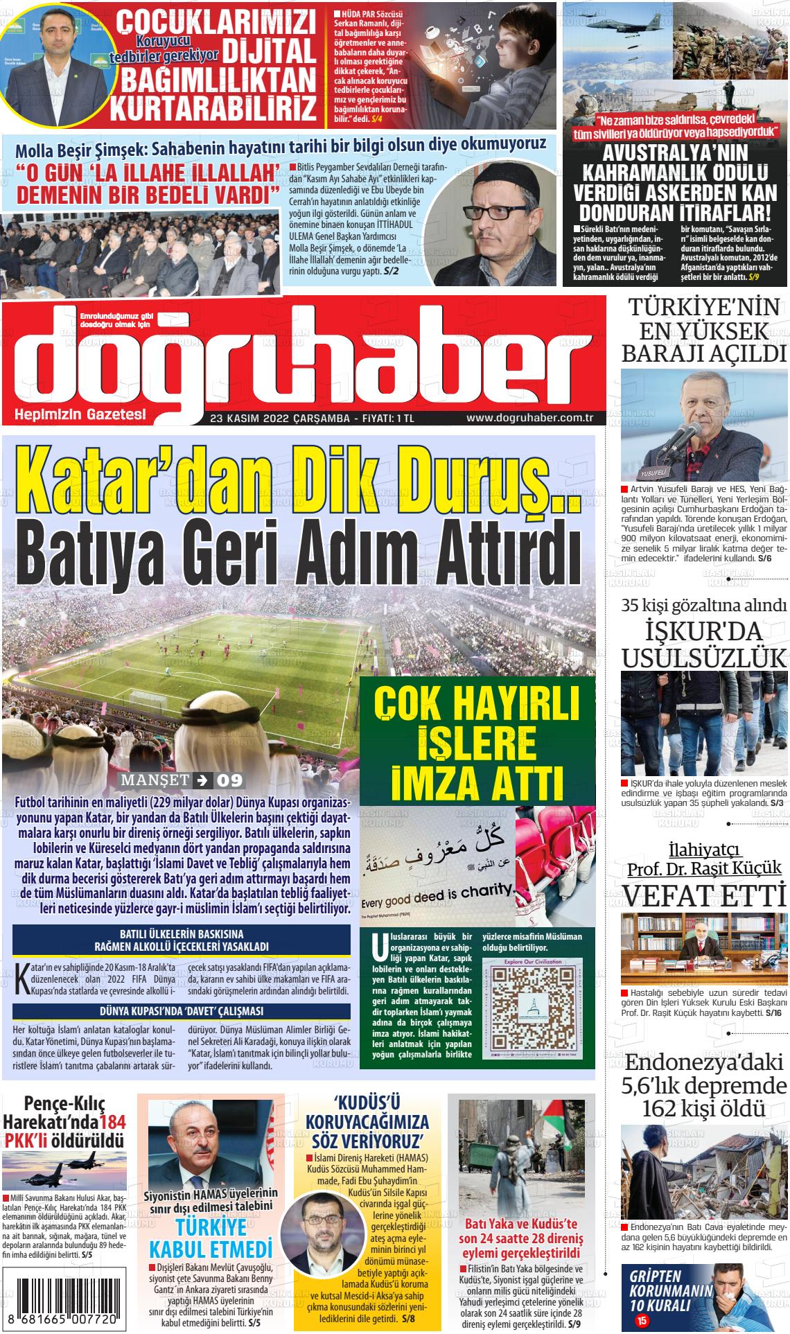 23 Kasım 2022 Doğru Haber Gazete Manşeti