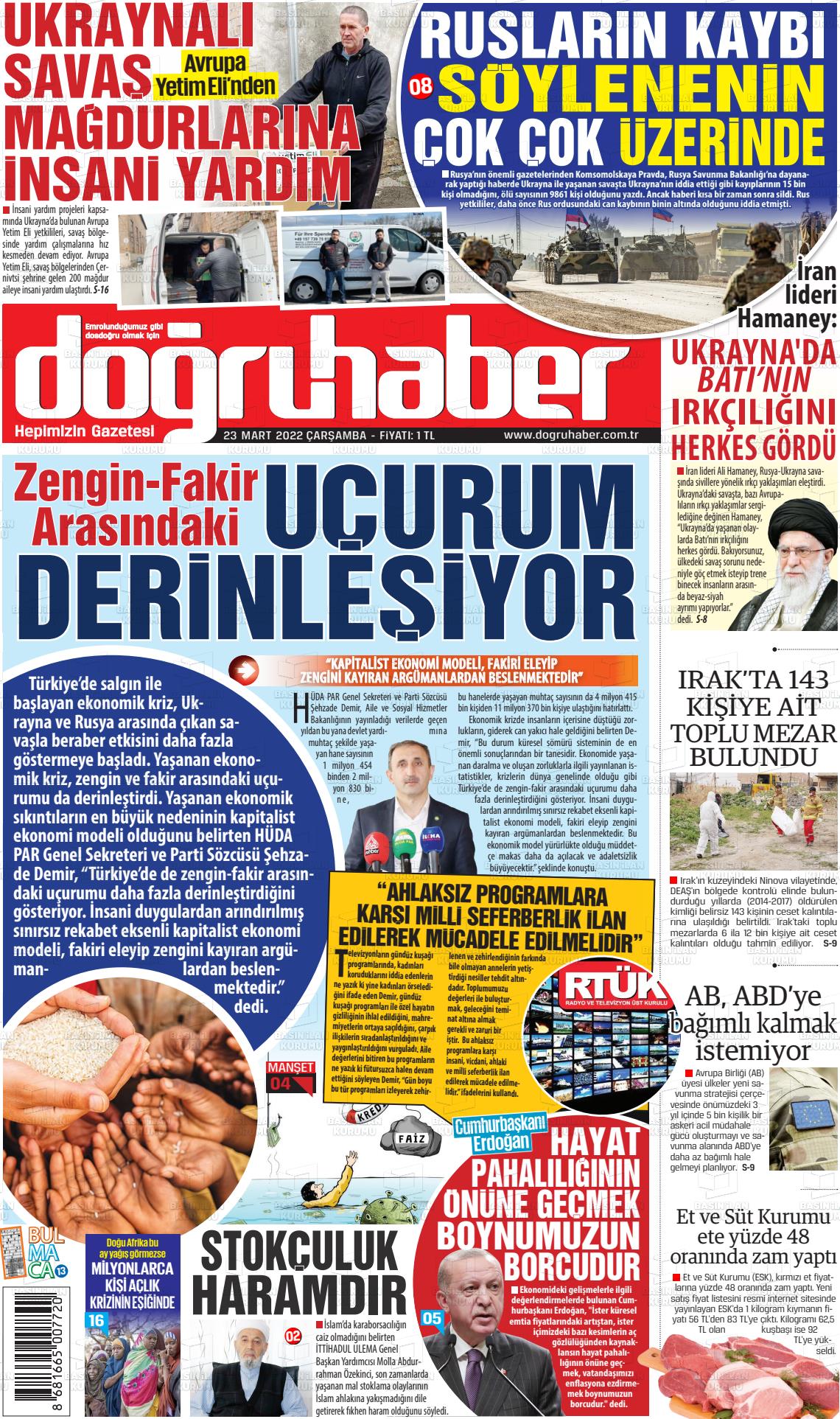 23 Mart 2022 Doğru Haber Gazete Manşeti