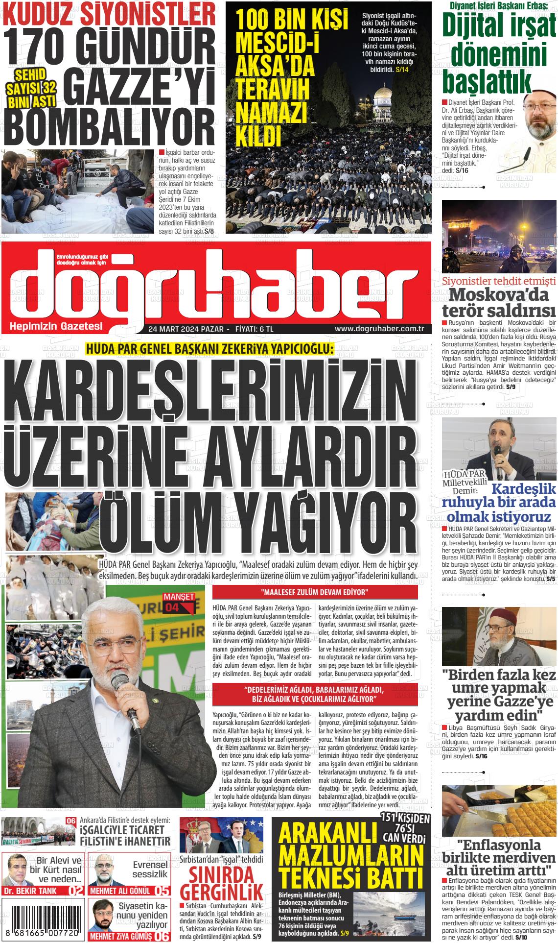 24 Mart 2024 Doğru Haber Gazete Manşeti