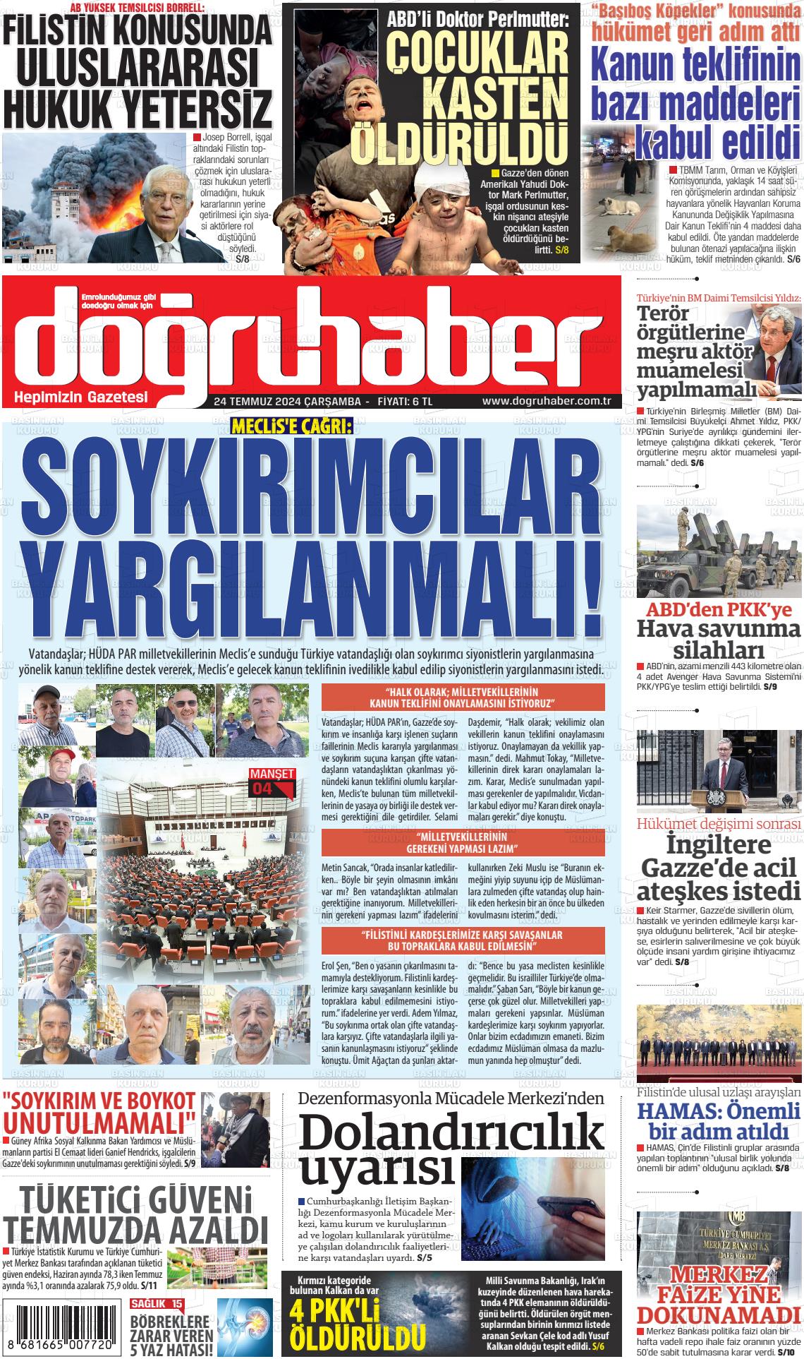 24 Temmuz 2024 Doğru Haber Gazete Manşeti