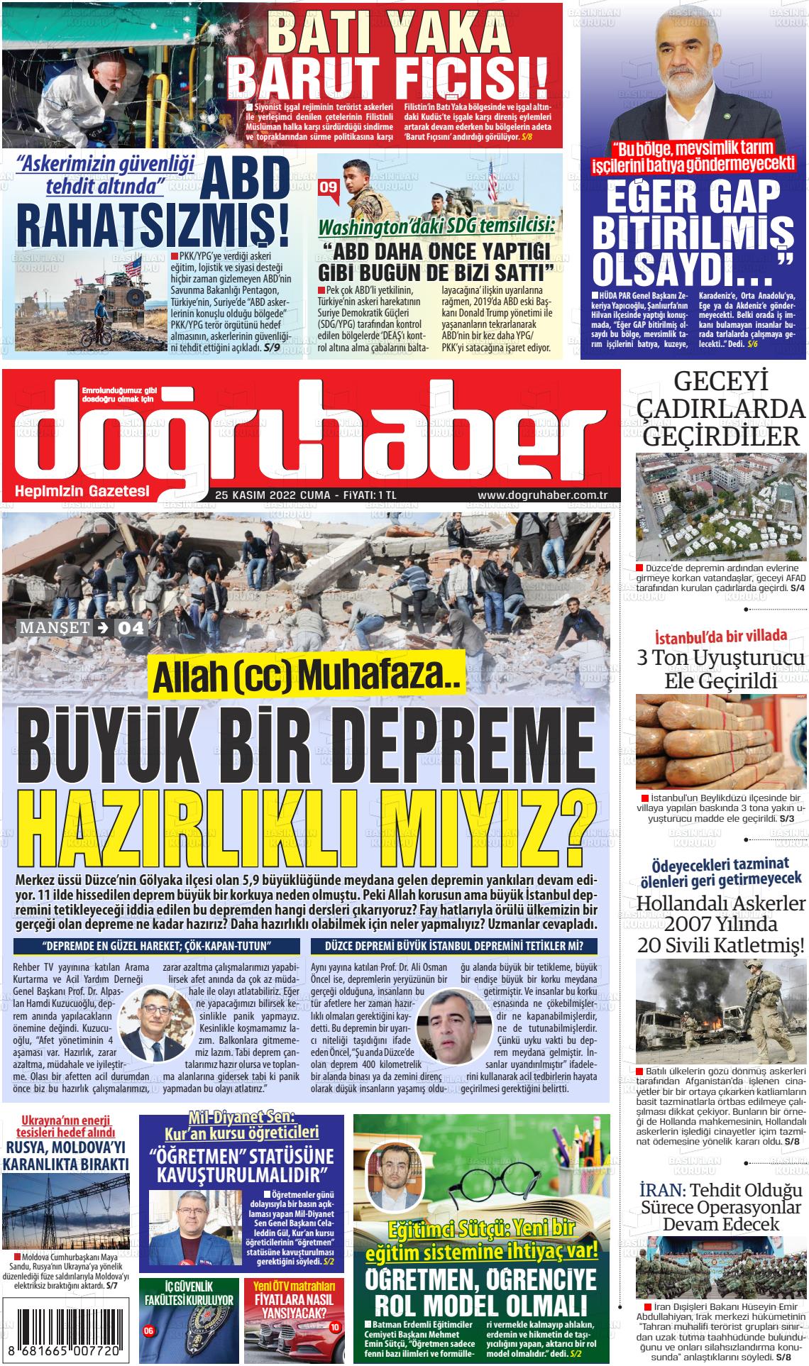 25 Kasım 2022 Doğru Haber Gazete Manşeti