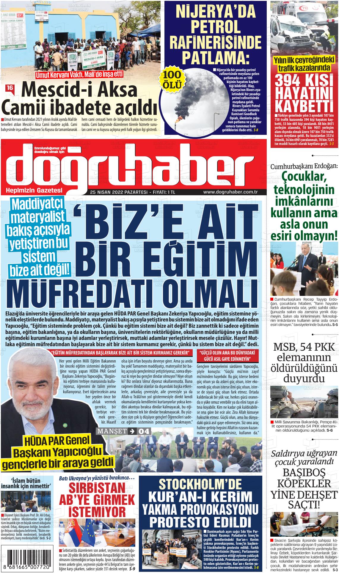 25 Nisan 2022 Doğru Haber Gazete Manşeti