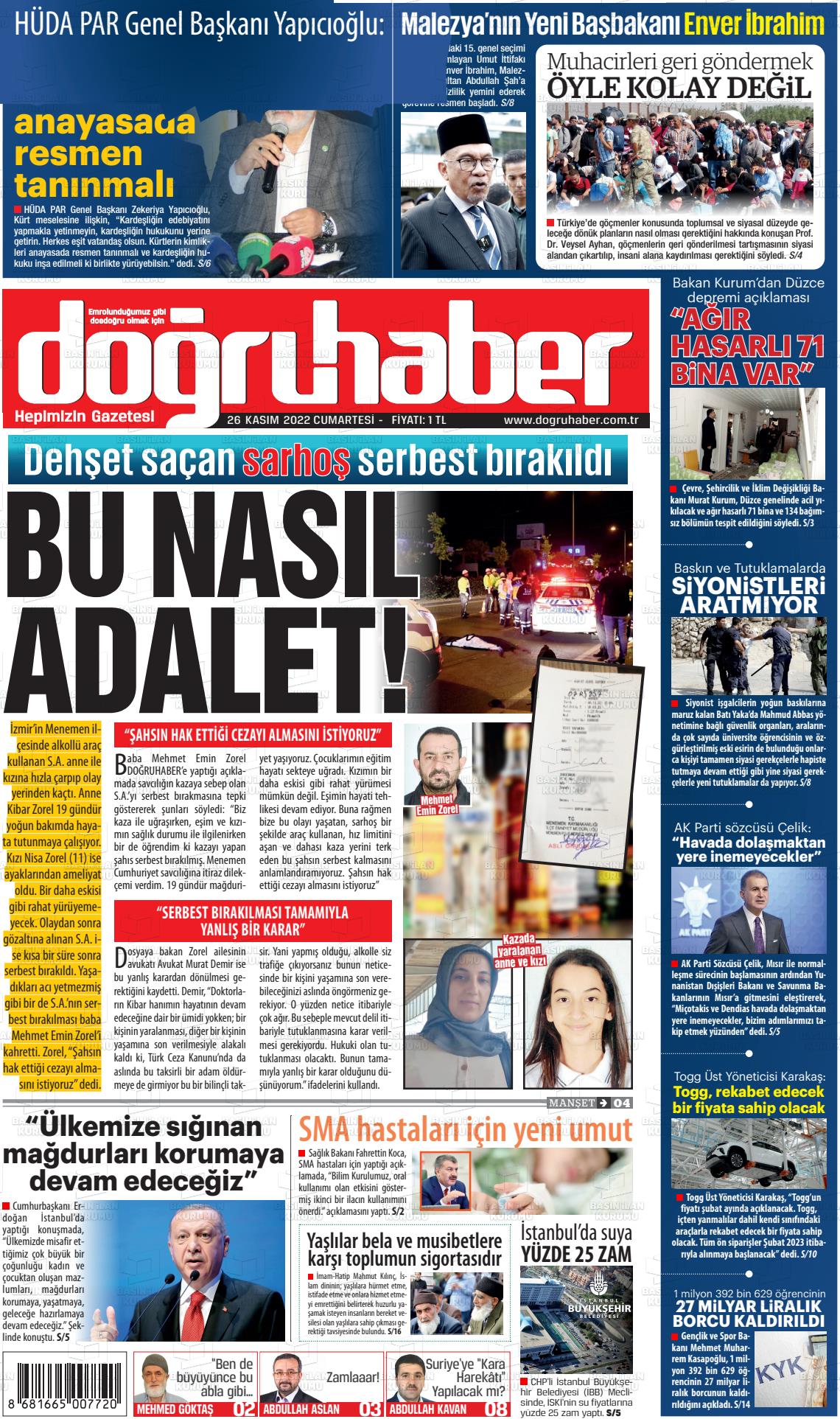 26 Kasım 2022 Doğru Haber Gazete Manşeti