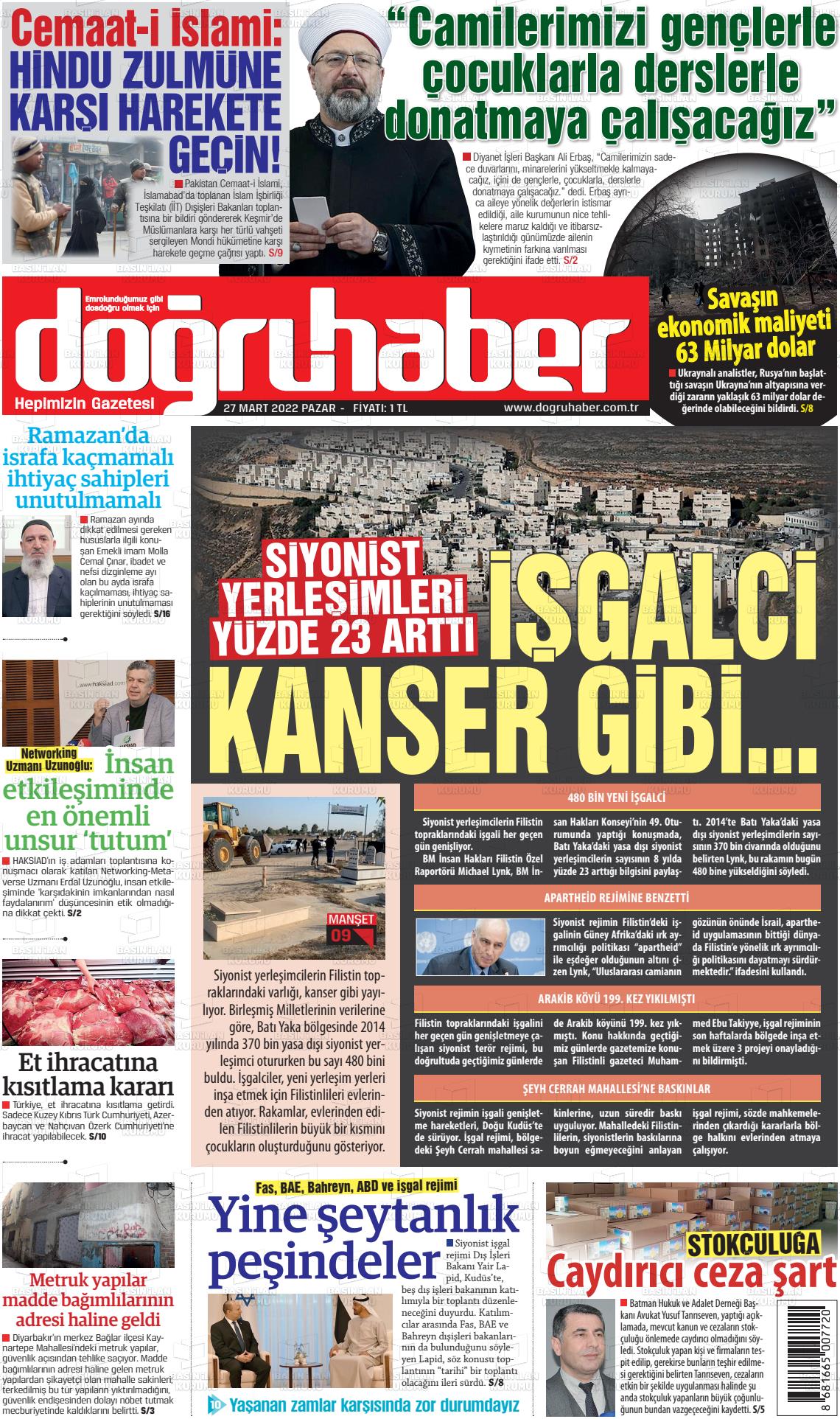 27 Mart 2022 Doğru Haber Gazete Manşeti