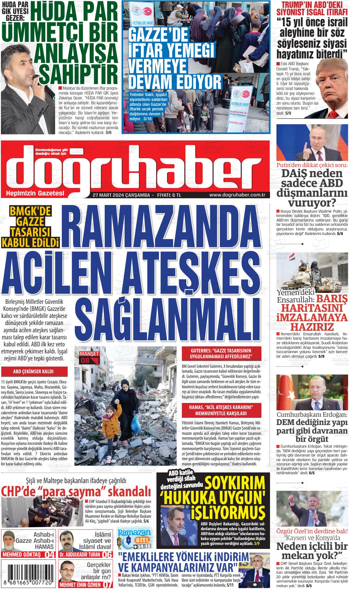 27 Mart 2024 Doğru Haber Gazete Manşeti