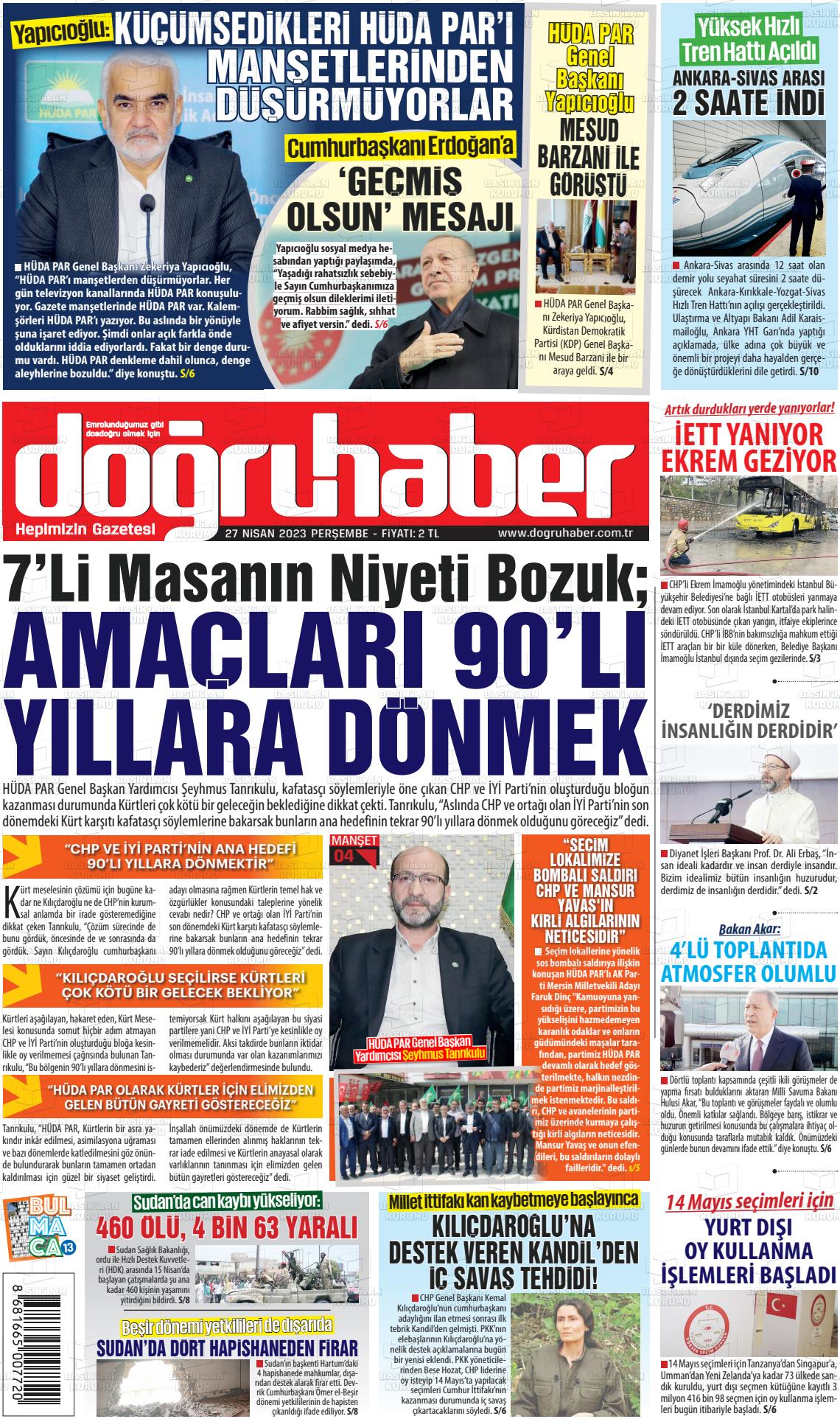 27 Nisan 2023 Doğru Haber Gazete Manşeti