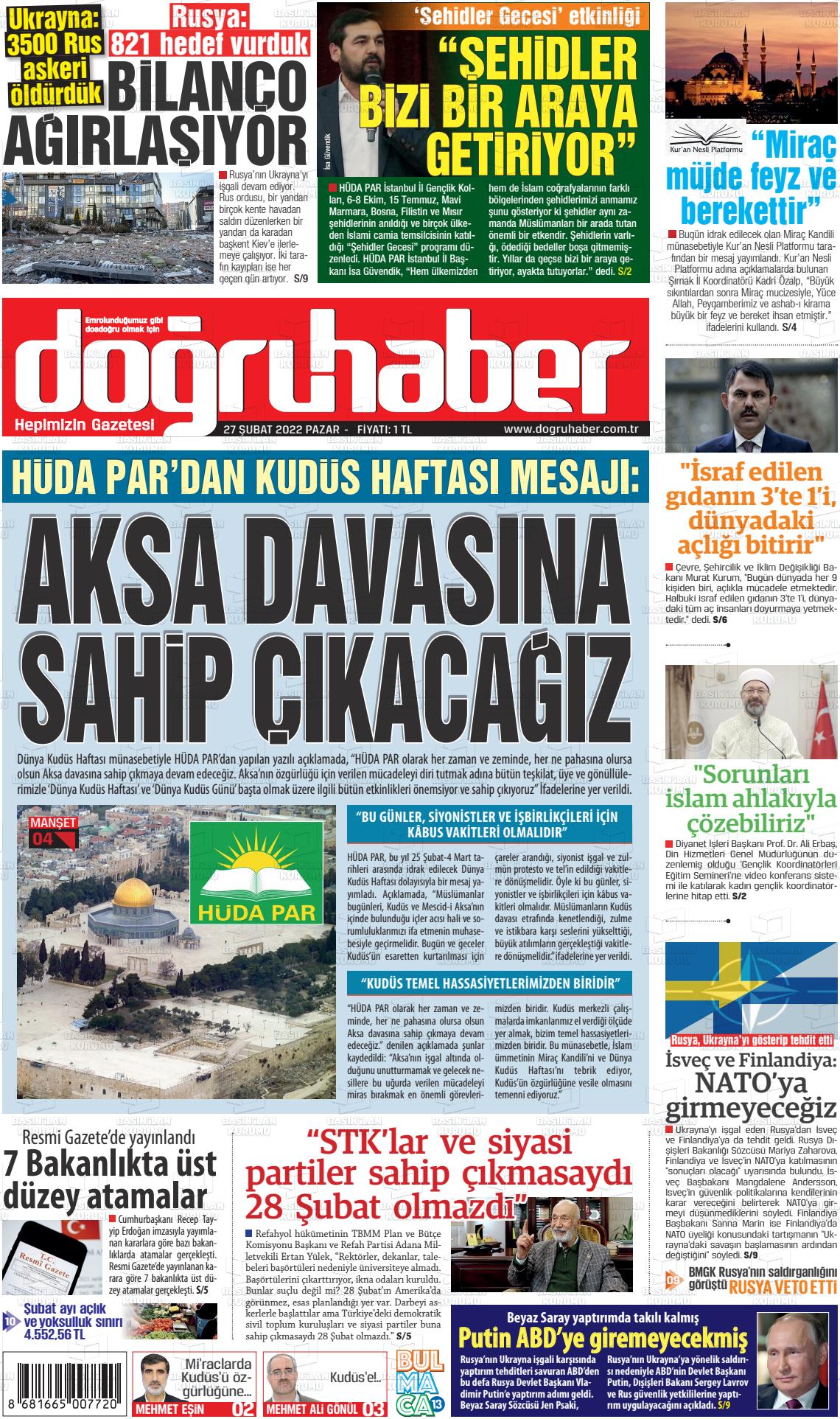 27 Şubat 2022 Doğru Haber Gazete Manşeti