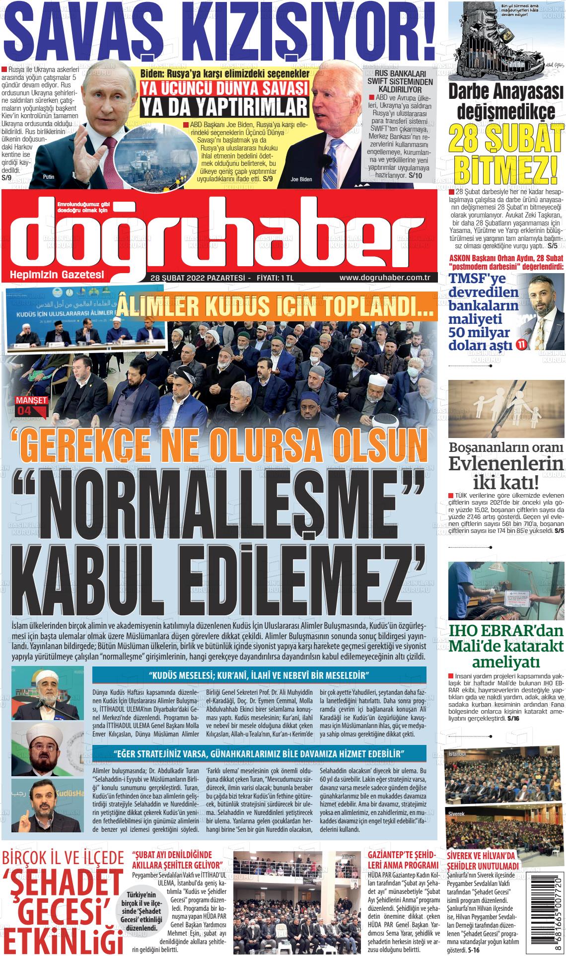 28 Şubat 2022 Doğru Haber Gazete Manşeti