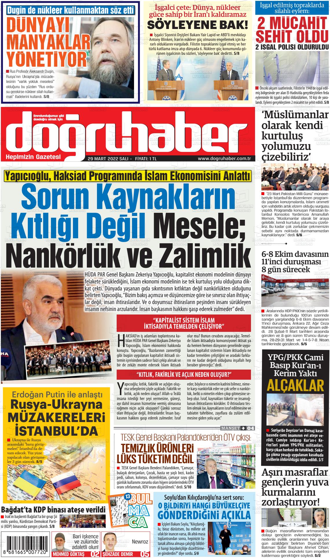 29 Mart 2022 Doğru Haber Gazete Manşeti