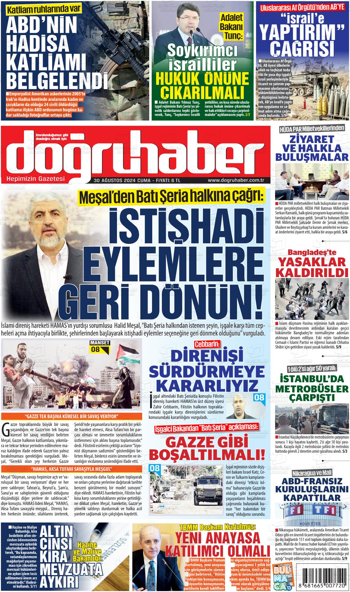 30 Ağustos 2024 Doğru Haber Gazete Manşeti