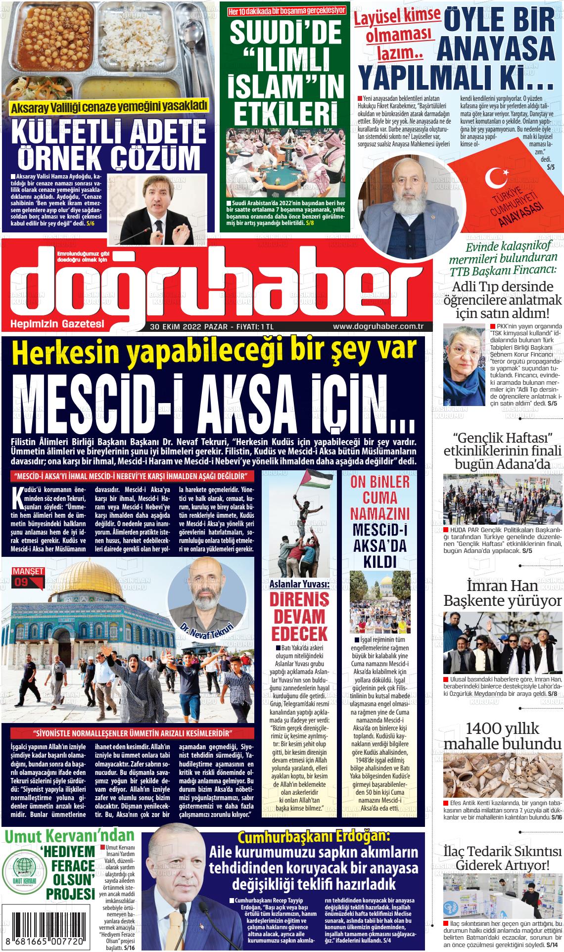 30 Ekim 2022 Doğru Haber Gazete Manşeti