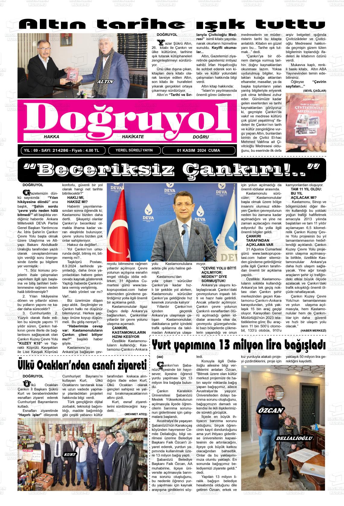 01 Kasım 2024 Doğruyol Gazete Manşeti