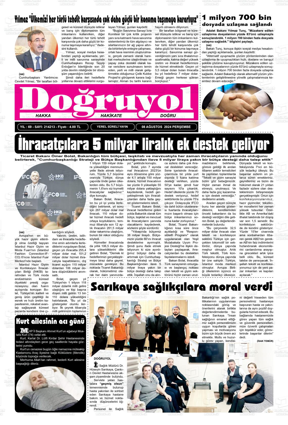 08 Ağustos 2024 Doğruyol Gazete Manşeti