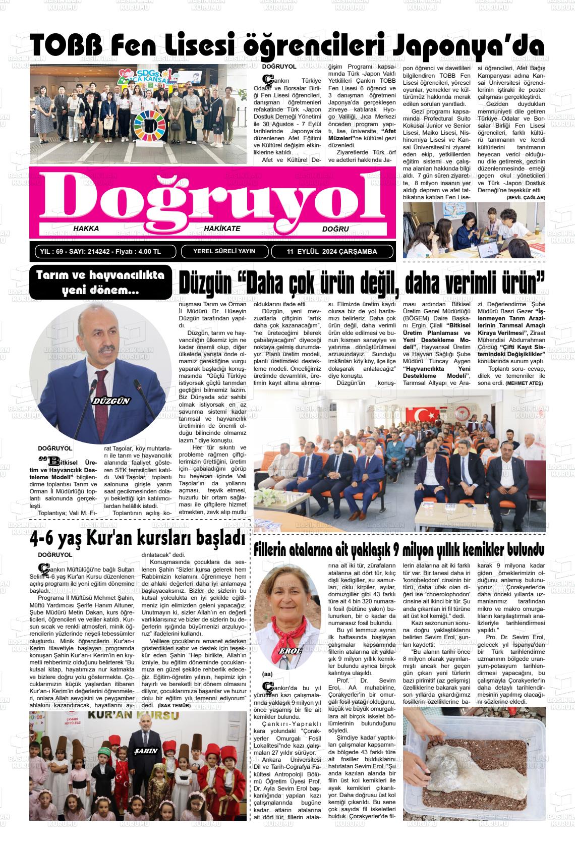 11 Eylül 2024 Doğruyol Gazete Manşeti