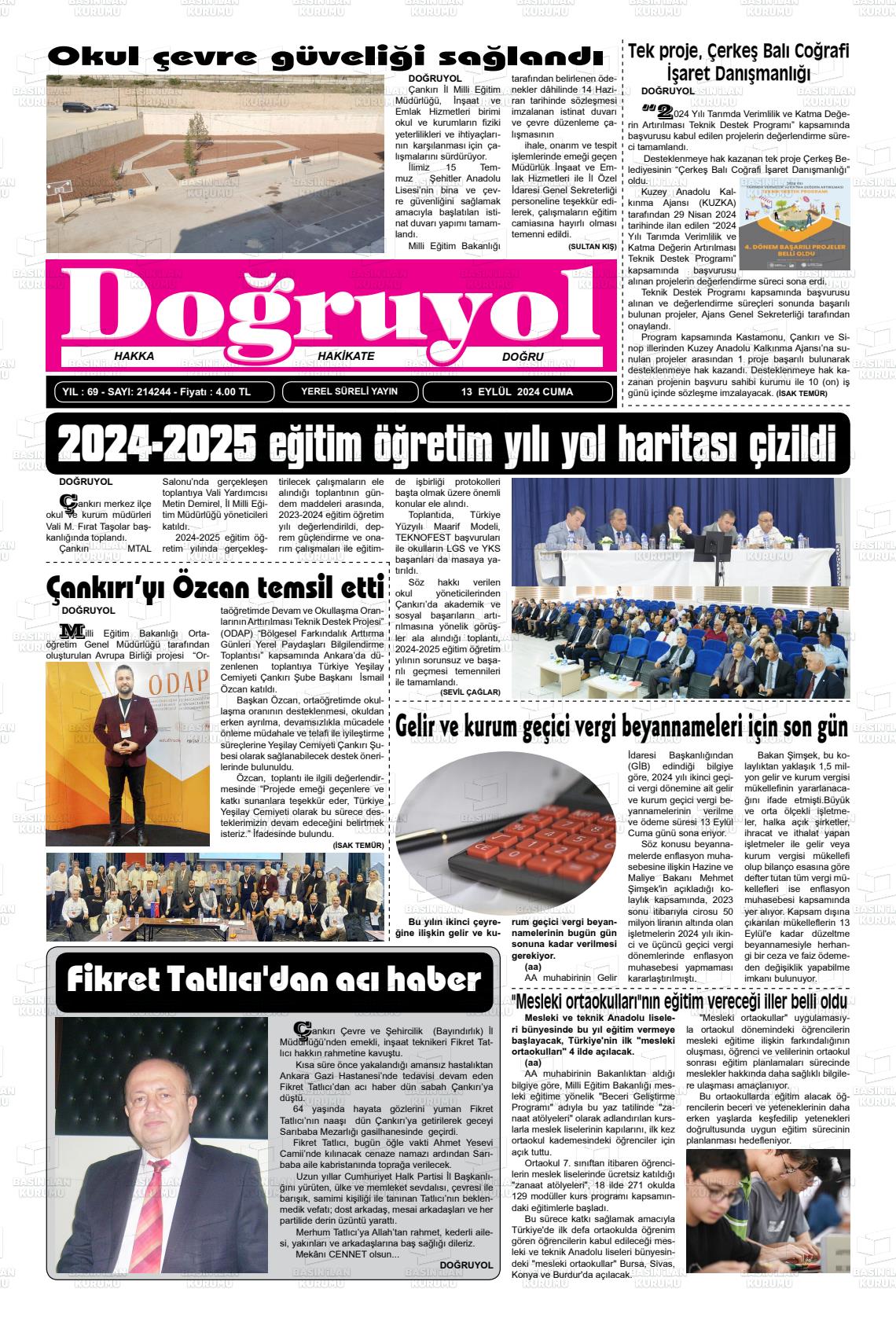 13 Eylül 2024 Doğruyol Gazete Manşeti